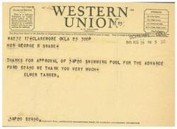 ["The document is a telegram from A. L. Warren to Mayor Elmer Tanner informing him that an advance planning fund of $2490 has been granted for a swimming pool project in Claremore. The actual construction is expected to cost $60,787. Warren also mentions that the company appreciates suggestions from its patrons regarding its service."]