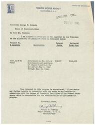 ["The document is a letter from the Office of the Administrator of the United States Federal Works Agency regarding the approval of Lanham Act funds for a project in Pryor, Oklahoma for assistance in the maintenance and operation of school facilities. The recipient, Honorable George B. Schwabe, is informed of the approval and encouraged to contact the Bureau of Community Facilities for further information. The document is signed by Major General Philip B. Fleming."]