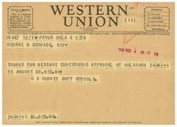 ["The document is a telegram from George B. Schwabe to Garland A. Godfrey, informing him that the Federal Works Agency has approved his application for assistance in maintaining and operating school facilities. The federal contribution of $8,037 is now available. Godfrey is asked to acknowledge receipt of the message."]