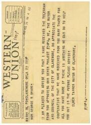 ["The telegram is from Elmer Tanner, the Mayor of Claremore, Oklahoma, thanking George B. Schwabe for approving their sewer project. The telegram also mentions approval for advance planning funds for a sewage disposal plant project. The Mayor expresses gratitude and offers assistance in return."]