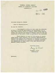 ["The document is a letter from the Federal Works Agency's Bureau of Community Facilities to Honorable George B. Schwabe, informing him that Federal funds have been approved for the plan preparation of various public works projects in Oklahoma. The advances are intended to encourage states and their agencies to prepare for construction projects to be undertaken when materials and manpower become available. The document includes a list of the public works projects and their estimated costs for plan preparation."]