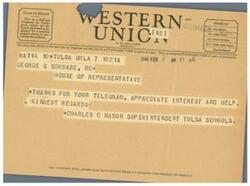 ["The document is a telegram from George B. Schwabe to Doctor C.C. Mason, informing him of a federal contribution granted for the assistance of maintenance and operation of Tulsa school facilities. Mason is asked to acknowledge receipt of the message. The telegram also includes information on the class of service desired and the filing time."]