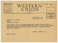 ["The document is a telegram sent from A. N. Williams, President of Union Telegram, to the Honorable W. R. Foster, Mayor of Barnsdall, Oklahoma. The telegram informs the recipient that their application for an electric system has been approved and a grant of $6,335 has been awarded for planning and preparation. The recipient is requested to acknowledge receipt of the message."]