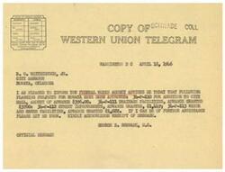 ["A telegram from George B. Schwabe, M.C. to R.O. Whitechurch, Jr., informing him that planning projects for Nowata have been approved by the Federal Works Agency. The projects include additions to the city hall, drainage facilities, street improvements, and water and sewer facilities. Whitechurch is asked to acknowledge receipt of the message."]