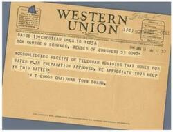["The document is a telegram from A.N. Williams, President of a company, to Honorable  George B. Schwabe, a Member of Congress, acknowledging receipt of approval for money for a water plan preparation. The telegram also includes a request for suggestions from patrons regarding the company's service and information about different classes of service offered. Additionally, there is a message from George B. Schwabe informing W.T. Cross, Chairman of the Board of Trustees, about the approval of a water supply project and the grant for plan preparation. Schwabe offers further assistance and requests acknowledgement of the message."]