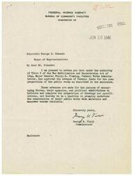 ["The Federal Works Agency Bureau of Community Facilities has approved the advance of Federal funds for the plan preparation of public works projects in Oklahoma, including sewer facilities and improvements to existing systems. The funds are meant to encourage states and their agencies to prepare for construction once materials and manpower are available. The document to Honorable George B. Schwabe outlines these advances and the specific projects they will fund."]