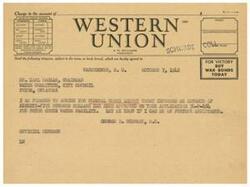 ["The document is a telegram sent from George B. Schwabe to Mr. Earl Raglan, informing him that the Federal Works Agency has approved an advance of $7500 on his application for the Pryor Creek water facility. Schwabe offers further assistance if needed."]