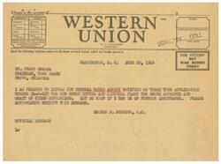 ["The document is a telegram informing Mr. Frank Graham that his application for a new sewer system and disposal plant for Grove, Oklahoma has been approved and a grant of $2100 has been authorized. The sender, George B. Schwabe, asks for acknowledgment of receipt of the message."]