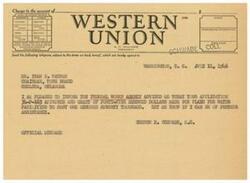 ["A telegram is being sent from George B. Schwabe to Mr. Ivan S. Watson informing him that his application for a grant for water facilities has been approved and $4500 has been granted for plans costing $170,000. Schwabe offers further assistance if needed."]