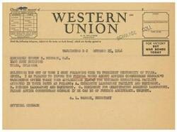 ["Two telegrams are being sent regarding the approval of an application for a veterans educational facility. The first telegram is being sent to George B. Schwabe in Tulsa, Oklahoma, while the second is being sent to C. I. Pontius at the University of Tulsa. Both telegrams inform them that the application has been approved in three parts and ask for further assistance if needed."]