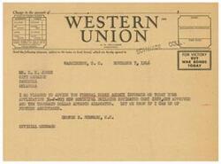 ["The document is a telegram regarding the approval of funds for the construction of a new municipal building in Pawhuska, Oklahoma. The telegram is from George B. Schwabe to E. E. Jones, informing him of the approval and allocation of funds. The document also includes information about the federal works agency and the purpose of the funds."]