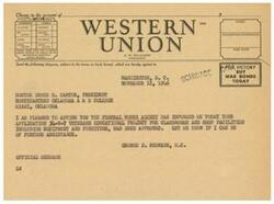 ["Two telegrams are being sent regarding the approval of a veterans educational project for classrooms and shop facilities, including equipment and furniture, at Northeastern Oklahoma A & M College. The first telegram is from George B. Schwabe to Doctor Bruce G. Carter informing him of the approval, while the second telegram is from A. L. Warren to George B. Schwabe confirming the message sent to Dr. Carter. Both telegrams include information about the class of service desired and the charges to the account."]