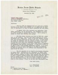 ["The superintendent of Broken Arrow Public Schools is requesting donations of buildings to be used as classrooms and workshops due to a fire that destroyed some school facilities in 1944. The high school building is overcrowded and inadequate, and the community is in need of additional portable classrooms. The superintendent is also inquiring about the possibility of purchasing a Federal Housing Project to address the critical housing situation in Broken Arrow."]