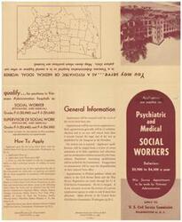 ["The document is a job announcement for positions in Veterans Administration hospitals for social workers, specifically in psychiatric and medical roles. The announcement includes information on grades, salaries, application requirements, experience qualifications, and physical requirements. Preference is given to veterans in the appointment process. The roles of psychiatric and medical social workers are described as assisting disabled veterans with social adjustment and rehabilitation."]
