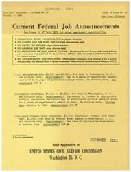 ["The document provides information on current federal job announcements, including positions such as Civil Engineering Aid, Engineering Draftsman, and Stationary Fireman. It outlines the requirements for each position, salary ranges, and how to obtain announcements and application forms. It also states that there is no closing date for filing applications unless otherwise stated, no written test required unless indicated, and no maximum age limits unless otherwise stated."]