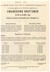 ["The United States Civil Service Commission in Washington, D.C. is accepting applications for War Service Appointments as Engineering Draftsman with salaries ranging from $1,704 to $2,980 a year. Positions are located in the Metropolitan Area of Washington, D.C. Applicants must meet specific experience requirements and must submit the necessary forms by January 8, 1946. Veteran preference is given, and substitution of education for experience is accepted. Appointments will be war service appointments of indefinite duration. Applicants must also submit samples of their work."]