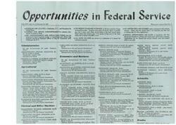 ["The document provides information on various job opportunities in federal service, including positions in Washington, D.C. and throughout the United States. It highlights the standard workweek, salary details, application process, and age requirements. Positions in different fields such as administrative, economics, business, agricultural, scientific, nursing, clerical, and trades are listed with specific job titles and salary ranges. It also mentions that applications are not desired from individuals already using their highest skills in war work."]