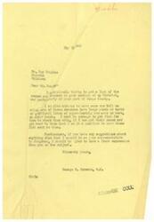 ["The document is a letter from George B. Schwabe, a member of Congress, to Mr. Roy Douglas requesting a list of cowmen and ranchmen in Osage County, Oklahoma. Schwabe is also seeking information on ranchers with large ponds or lakes on their lands to stock with fish. Additionally, he asks for any suggestions from Mr. Douglas on how he can better serve as a representative in Congress."]