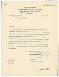 ["The document is from the Fish and Wildlife Service regarding an application for an allotment of fish with favorable endorsement from Honorable  George B. Schwabe. The applicant is L. S. Robson from Claremore, Oklahoma. The document states that the fish will be provided at the earliest practicable date, but the exact delivery date and quantity are uncertain due to hatchery production fluctuations and a high volume of applications. The applicant will be notified by the hatchery superintendent when the fish are available."]