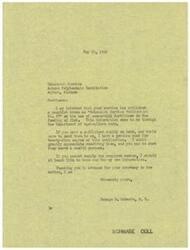 ["George B. Schwabe, a member of Congress, requests 25 copies of Extension Service Publication No. 97 on the use of commercial fertilizer in feeding fish from Auburn Polytechnic Institution. He expresses his appreciation in advance for their assistance."]