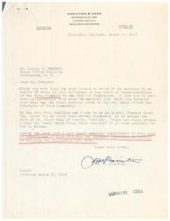 ["The document is from Wm. S. Hamilton to George B. Schwabe, thanking him for his letter regarding the visit of representatives of the Osage Council to Washington. Hamilton also mentions a wedding in Nowata and praises Schwabe's work as a congressman. Schwabe responds, explaining the purpose of the Osage Council's visit to Washington and his involvement in their meetings with government officials. Hamilton also informs Schwabe of the Osage Council's presence in Washington and offers assistance if needed."]