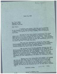 ["The document from George B. Schwabe to Frank McCoy discusses the visit of Osage Superintendent, Tribal Attorney, and members of the Osage Council to Washington. They were primarily interested in the Huleh Dam project and appeared before a House subcommittee on appropriations. Schwabe assures McCoy that the visit was not related to legislation affecting the Osage Indians and their interests. McCoy is encouraged to reach out for any further information or assistance."]