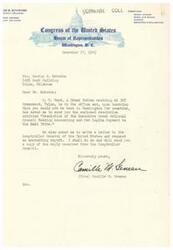 ["The document is a letter sent to George B. Schwabe, a member of the House of Representatives, from Camille M. Geneau regarding a resolution from the Executive Creek National Council. The document requests an accounting report from the Comptroller General of the United States regarding per capita payments to the Creek Indian tribe."]