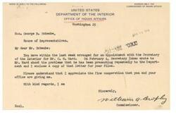 ["The document is a response from the Secretary of the Interior, Harold L. Ickes, to Mr. C. W. Ward regarding a resolution passed by the \"Creek National Council\" requesting a per capita distribution of Creek tribal funds. The Department does not recognize the Council as having authority to speak for the Creek Tribe, and instead recognizes the Principal Chief, Mr. Roly Canard, as the representative of the Creek Nation. The document also discusses the Act of 1906 and the authority vested in Mr. Canard to speak on behalf of the Creek Nation. Additionally, there is a memo encouraging Congressman Schwabe to support the act of 1901-1906, known as the allotment agreement between the Creek Tribe and the Secretary of the Interior."]