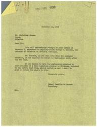 ["The document includes a letter acknowledging receipt of a proposal for a farm homestead program in Oklahoma, with the representative not expected to return to Washington until after the New Year. Additionally, there is an itinerary for the representative's upcoming trip to various locations in the District during the Christmas recess, where he plans to meet with constituents to discuss their problems. The document also includes well wishes for a Merry Christmas and a Happy New Year."]