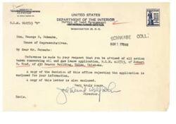 ["The document is a letter from the United States Department of the Interior Bureau of Land Management informing Honorable  George B. Schwabe about the rejection of oil and gas lease application B.L.M. 010719 by Robert H. Wood. The decision was based on the fact that the land in question was already homesteaded or leased to other parties. The rejection was made final 30 days after the notice was served."]