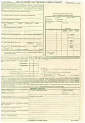 ["The document is an application form for federal employment, requesting detailed information about the applicant's work history, military experience, education, and preferences for employment. It includes sections for listing previous positions, military training, and educational background. The form also asks about willingness to accept certain types of appointments and locations."]
