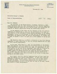 ["The document is a letter from the United States Civil Service Commission to George B. Schwabe, a House of Representatives member, informing him of Executive Order No. 9691 signed by the President which directs the Commission to resume operations for regular civil service appointments. It explains the process of transitioning from war service appointments to regular civil service appointments, including the preference given to disabled veterans and the need for current war service appointees to take and pass regular civil service examinations to continue serving in the federal government. The Commission offers assistance to Schwabe in dealing with any inquiries related to civil service issues."]