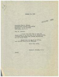 ["The document is a series of letters written by George B. Schwabe, a member of the House of Representatives, requesting a wall map of the United States for official use in his office. The documents show his correspondence with the Bureau of Land Management in the Department of the Interior to request the map. Additionally, there is a letter from Schwabe to a friend discussing waste in government departments and enclosing a soil survey report that he saved from being discarded."]