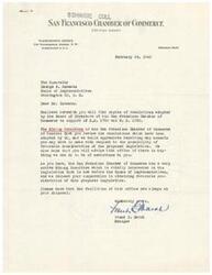 ["The San Francisco Chamber of Commerce has adopted resolutions in support of H.R. 1768 and H.R. 1780, which aim to provide financial assistance to mine operators in California who are facing financial difficulties due to federal orders and regulations related to the war effort. The Chamber is urging Congressman George B. Schwabe to review and support these resolutions, and is requesting cooperation in obtaining favorable consideration of the proposed legislation. The resolutions also call for steps to be taken to inform and urge support from members of Congress and other organizations in the mining industry."]