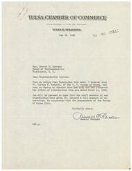 ["The document is from the Tulsa Chamber of Commerce to Representative George B. Schwabe, thanking him for introducing Mr. Morton F. Leopold from the United States Bureau of Mines. The Chamber of Commerce staff have provided Mr. Leopold with cooperation for the preparation of a film."]