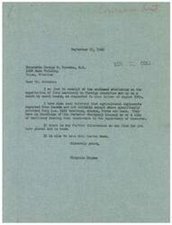 ["The document is a series of correspondence between Honorable George B. Schwabe and Virginia Dryden regarding the exportation of farm machinery to foreign countries and the importation of agricultural implements from Canada. Mr. Schwabe requests information on the quantity of farm machinery shipped from the United States since January 1946, as well as details on the importation of Farmster Machinery from Canada. Virginia Dryden reaches out to various departments within the Commerce Dept to gather the requested information and promises to provide a written report once it is obtained."]