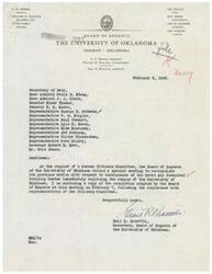 ["The Board of Regents of the University of Oklahoma held a special meeting to reconsider the continuance of the Naval Air Technical Training Center (NATTC) next to the campus. After hearing from various stakeholders, the Board concluded that having such a large installation close to the campus would create conflicts and administrative problems, hampering the growth of the University. They decided that the permanent presence of the naval installation was not in the best interest of the University."]