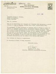 ["The document is a series of correspondence between Honorable George B. Schwabe, Member of Congress, and various government departments regarding the transfer and claims of Jack J. Francis, a Mailman first class in the United States Navy, as well as the claim of William Thomas Porter, a carpenter's mate first class in the United States Naval Reserve. Schwabe expresses special interest in Francis being assigned to duty in Germany and requests expedited payment for Porter's claim. The responses indicate that the requests are being considered and will be addressed in due course."]