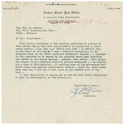 ["The postmaster of Watts, Oklahoma is petitioning the Post Office Department to change the mail route from star route to rural route service in order to improve mail delivery for residents. The petition outlines the disadvantages of receiving mail from an out-of-state office and requests that the route be originated from an Oklahoma post office for more efficient mail service. They argue that using a division point like Watts would provide faster delivery, especially for perishable items like day-old chicks. The postmaster urges the congressman to investigate the situation and make the necessary changes."]