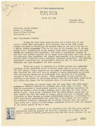 ["The document from the Office of Price Administration in Tulsa, Oklahoma to Congressman George Schwabe discusses a drop in fresh meat availability, issues with poultry supplies, sugar shortages during canning season, scarcity of cigarettes leading to black market prices, demand for clothespins, and workload related to new price control regulations for apparel. Other topics include adjustments to tire quotas, point allowances for restaurants, canning sugar panels, and the establishment of a mailing center for ration currency protection. Additionally, the letter mentions an increase in beer excise tax, housing shortages in Tulsa due to increased employment at the Douglas plant, and rising residential sales prices."]