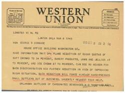 ["A telegram sent by A.N. Williams, President of a company, to George B. Schwabe expressing concern about the OPA's plans to reduce sugar quotas for certain products. The sender believes the reduction will be harmful to small bottlers and requests assistance from Schwabe."]
