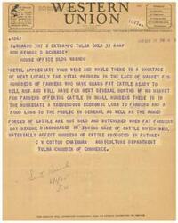 ["The document is a telegram discussing the shortage of meat locally and the lack of market for farmers to sell their cattle. It expresses concern about the economic loss to farmers and the public if the cattle are not sold and butchered. The telegram also discusses the difficulties faced by local slaughterers and producers due to federal regulations. The sender criticizes the OPA for not addressing local hardships and inequities and suggests that the bureau has bungled the works in regulating prices on various products. The sender also expresses frustration with the bureaucratic regime and the lack of consideration for individual circumstances in the distribution of food."]