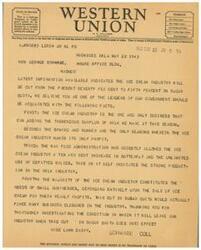 ["A telegram is being sent to George Schwabe in Washington D.C. regarding the potential impact of a cut in sugar quota on the ice cream industry. The sender, Rose Lawn Dairy, highlights the importance of the industry in absorbing surplus milk, making profits in spring and summer, and the potential negative impact on small businesses if the quota is cut. They urge Schwabe to thoroughly investigate the issue before the cut goes into effect."]