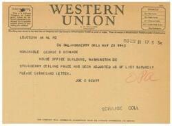 ["The document is a telegram from Joe C. Scott, President of the State Board of Agriculture in Oklahoma City, to Honorable George Schwabe in Washington, D.C. Scott is informing Schwabe about the adjustment of the strawberry ceiling price and requesting his help in raising price ceilings on agricultural commodities in Oklahoma that were damaged by adverse weather conditions. Scott believes that price ceilings should be determined by producing areas rather than competing areas. He also mentions that Arkansas is in a similar situation."]