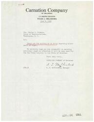["The Carnation Company of Oklahoma sent a letter to Honorable  George B. Schwabe requesting help in securing additional sugar allotments for the ice cream industry in the state. Schwabe responded, stating that he had already taken up the matter with Marvin Jones and Chester Bowles to reconsider the sugar allocations for industrial users and manufacturers, particularly during the ice cream season. The company urgently requested Schwabe's help in securing regular sugar rationing for the ice cream industry, which is essential as milk production is at its peak and ice cream is in peak demand."]