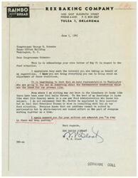 ["The document is from the Rex Baking Company to Congressman George B. Schwabe, thanking him for his interest in the food situation and acknowledging his efforts to address bureaucratic conditions affecting the industry. The company suggests the need for a one man Food Administration and encourages bipartisan cooperation to solve the issues. The document ends with commendations for the Congressman and encouragement to keep pushing for change."]