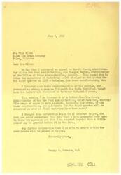 ["The document consists of a series of letters between George B. Schwabe, a member of Congress, and Otis Allen of the Allen Ice Cream Company regarding the allocation of sugar for industrial users such as bakeries and ice cream manufacturers during the summer season. Schwabe is advocating for the industry to receive their full sugar quota to prevent closures and ensure the processing of surplus milk. Schwabe has contacted authorities and is hopeful for a resolution. Allen expresses concern about potential cuts in sugar allocations and urges Schwabe to intervene on behalf of the industry."]