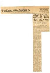 ["The article discusses the meat crisis in Tulsa caused by OPA regulations and the need to raise the quota for local packers. Senators Thomas and Moore promise to take the issue to officials in Washington. Local packing plants are closed and farmers are hesitant to sell their livestock. The Tulsa Chamber of Commerce is advocating for quick action to address the situation."]