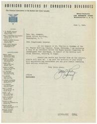 ["The document is a list of officers and members of the National Association of the Bottled Soft Drink Industry, along with contact information for each individual. The document is addressed to Congressman Schwabe and discusses a statement made before a House Special Committee regarding sugar shortages in the industry. The document expresses appreciation for any assistance Congressman Schwabe can provide in remedying the situation."]