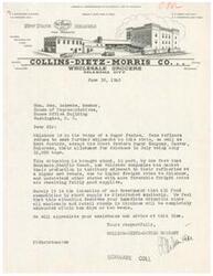 ["The document is a letter from Collins-Dietz-Morris Company addressing the issue of a sugar shortage in Oklahoma. They explain that refiners are refusing to make further shipments to the state, resulting in a critical shortage. They request the immediate attention of Honorable  Geo. Schwabe, a member of the House of Representatives, to help resolve the situation."]